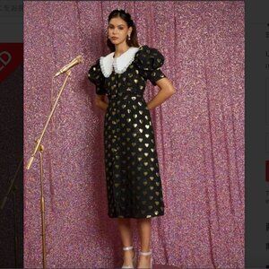 Sister Jane Golden Hearts Black & Gold Puff Sleeve Midi Dress M